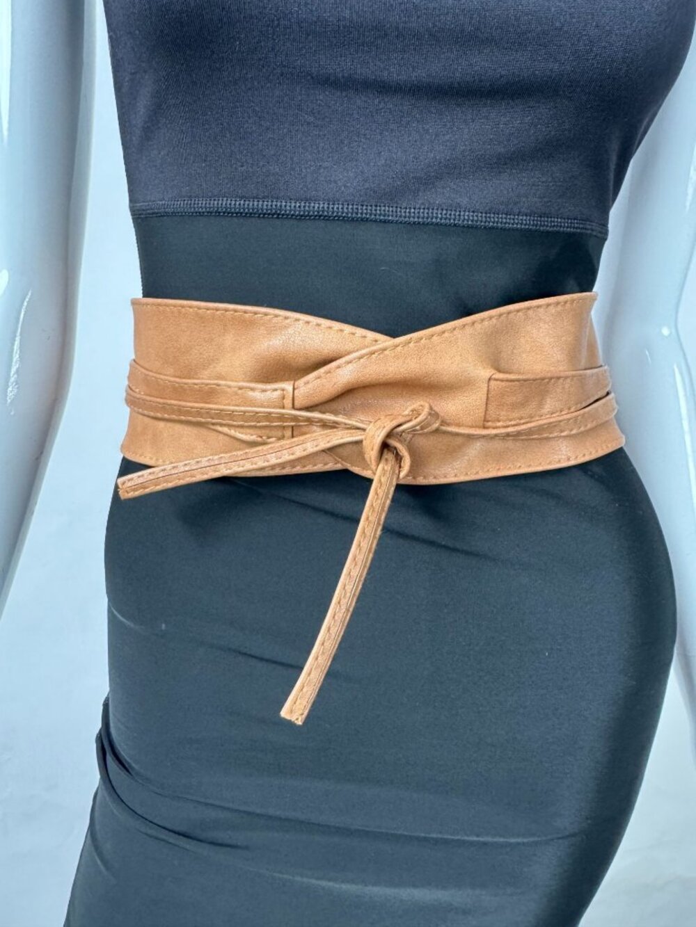 Fashiongen Camel Tan Wide Obi Belt S-M Polyurethane Adjustable Wrap Belt